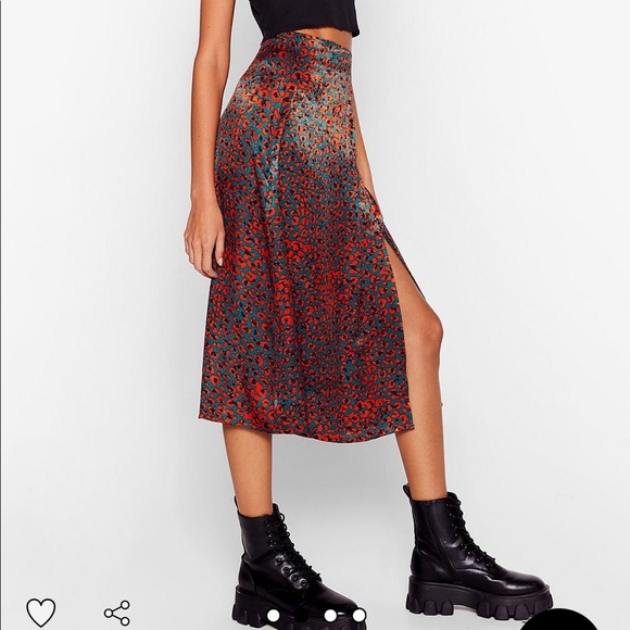 Satin Animal Print Slit Midi Skirt - Picture 3 of 6